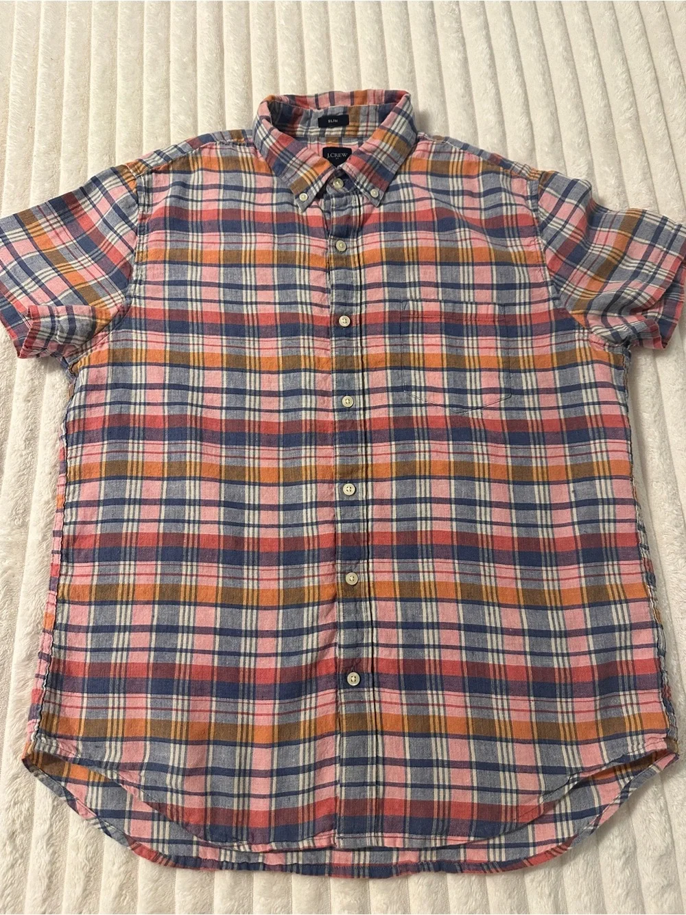 J. Crew Short-Sleeve Linen Blend Slim Fit Plaid Button-Down Shirt in Pink & Blue
